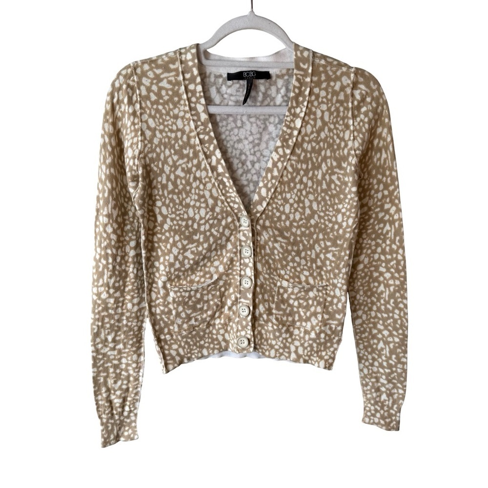 BCBG Tan and White Animal Print Cardigan Sweater Size XS Neutral Minimalist